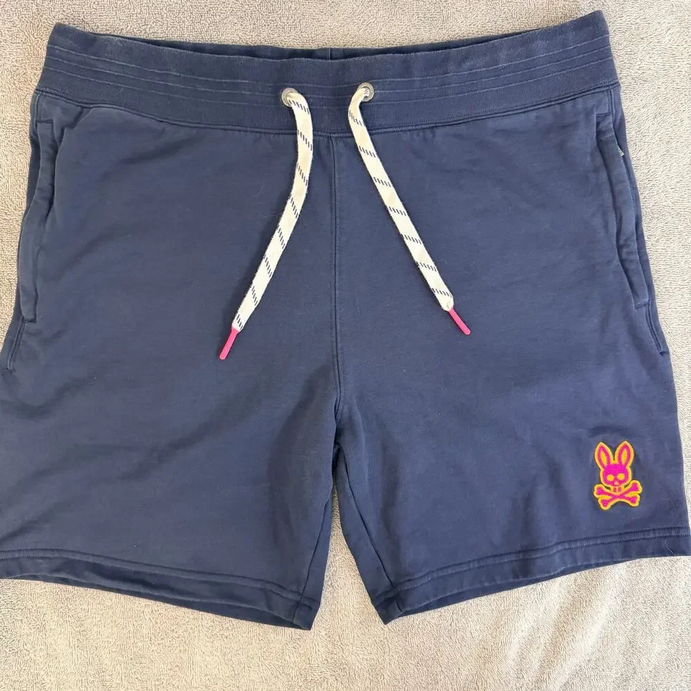 Psycho Bunny Mens Large Navy Blue Cotton French Terry Sweat Shorts Loungewear